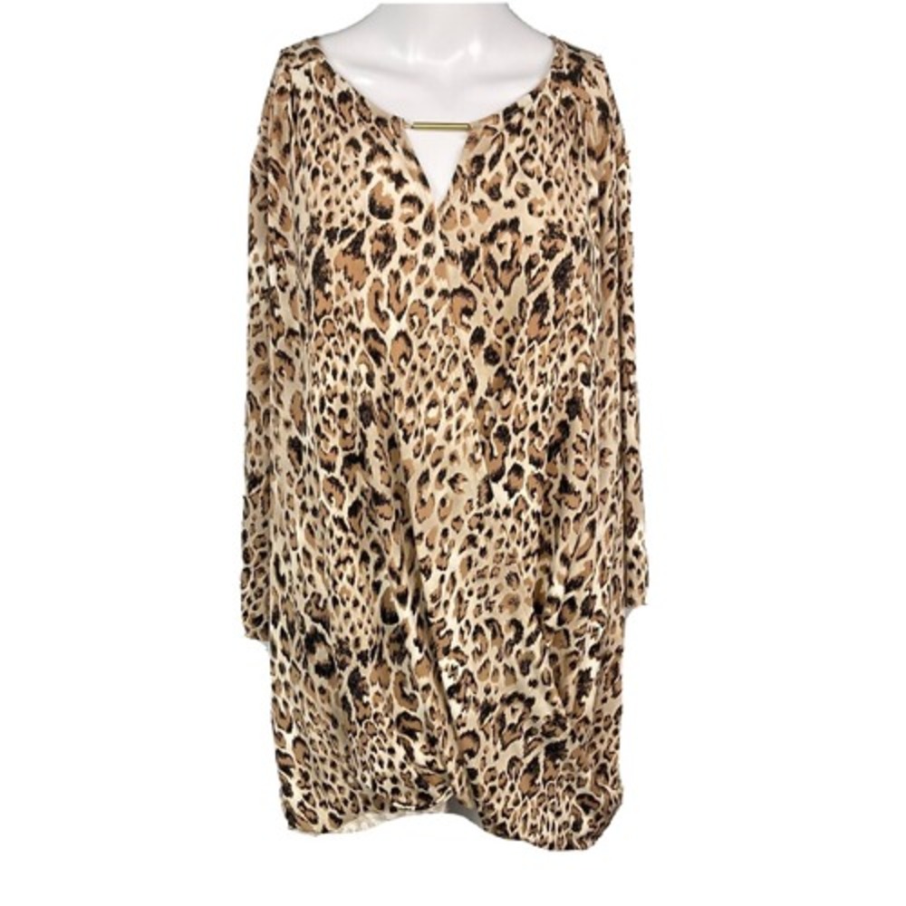 Catherines Shirt Women Sz 4X Beige Brown Leopard 3/4 Sleeve Faux Wrap Stretch